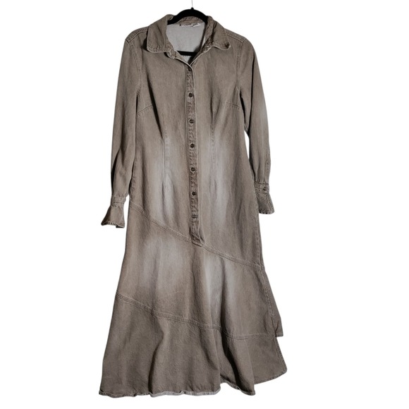 Newport News Dresses & Skirts - Newport News Jeanology Brown Denim Maxi Shirt Dress Ruffle Hem Size 12 F0404